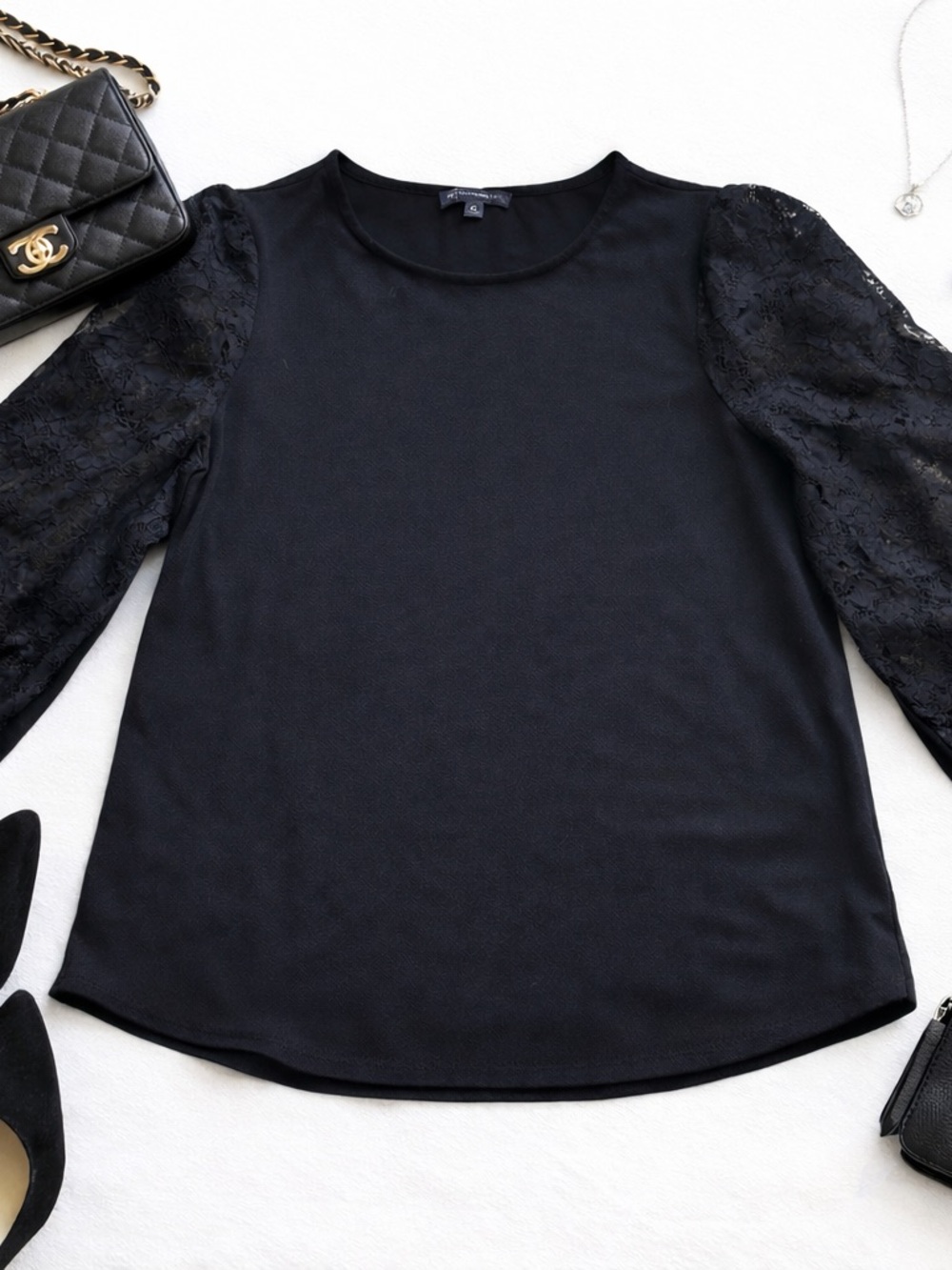 Adrianna Papell Black Lace Sleeve Blouse Career Top Elegant Size Medium in GUC